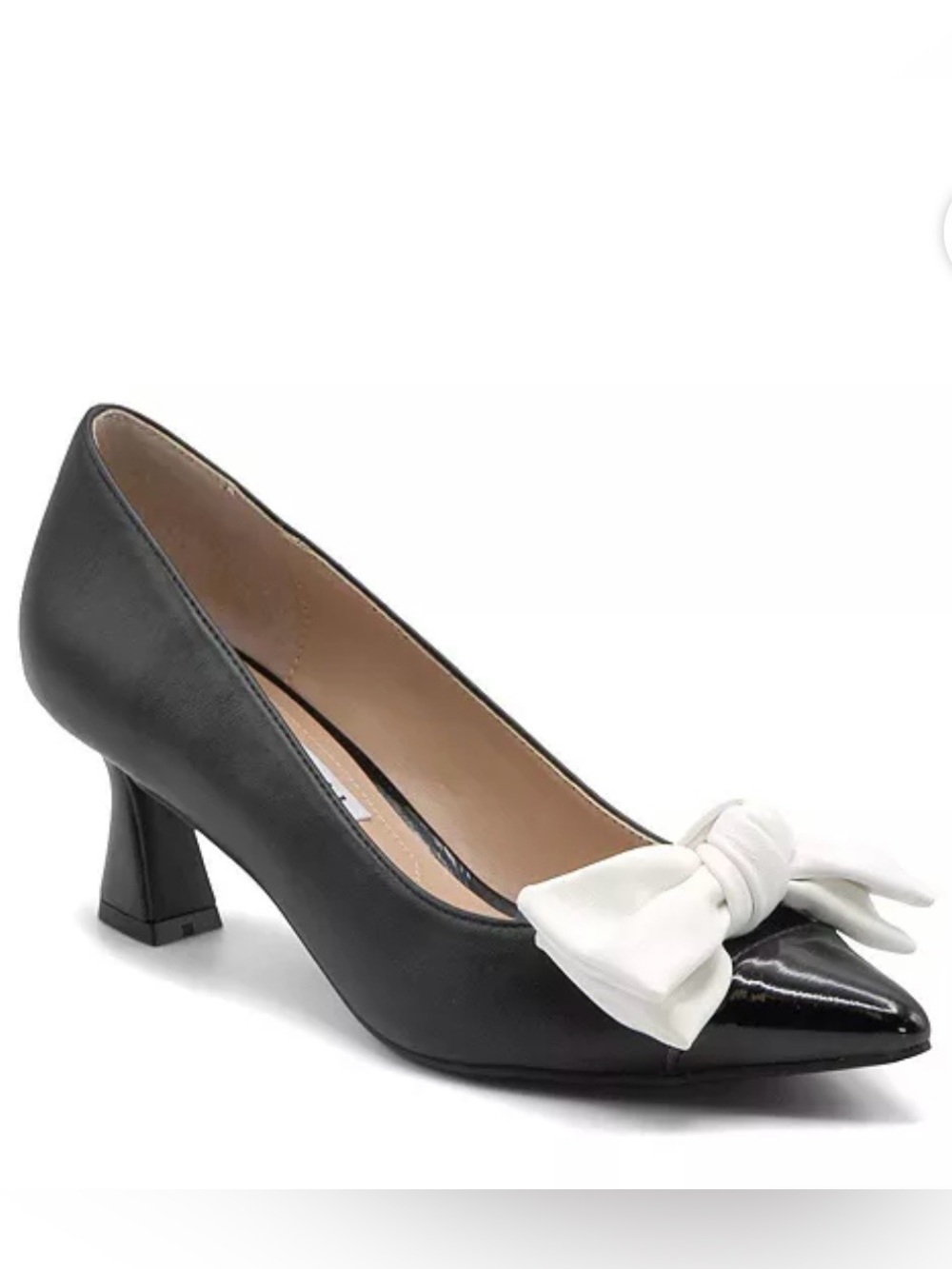 Charles David | Women’s Black Arden Pointed Toe Faux Leather White Bow Heels 9